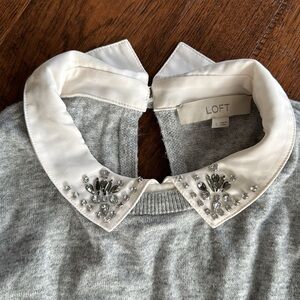 LOFT Grey and Cream Peter Pan embellished collar sweater large